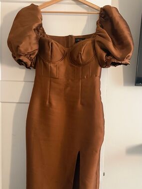 Satin Puff-Sleeve Midi Dress in Brown